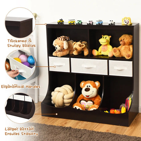 Freestanding Combo Cubby Bin Storage Organizer Unit W/3 Baskets-Brown