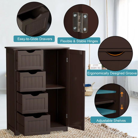 Freestanding Storage Cupboard with Adjustable Shelf and Drawers-Brown