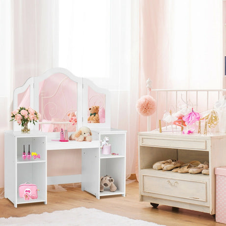 Kids Tri Folding Mirror Makeup Dressing Vanity Table Set-White
