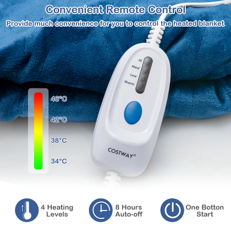 130 x 180 cm Electric Heated Blanket with 4 Heating Levels-Blue