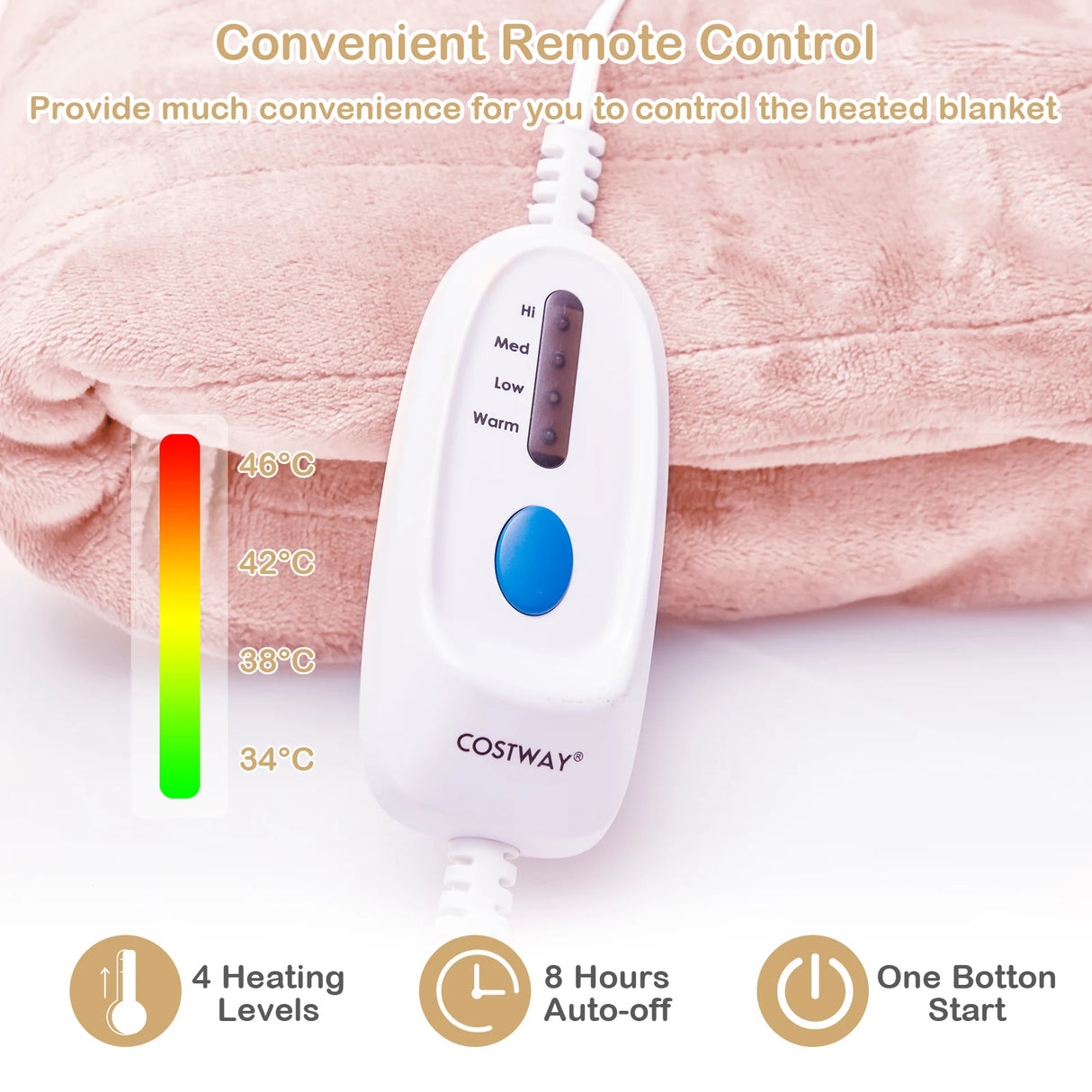 130 x 180 cm Electric Heated Blanket with 4 Heating Levels-Pink