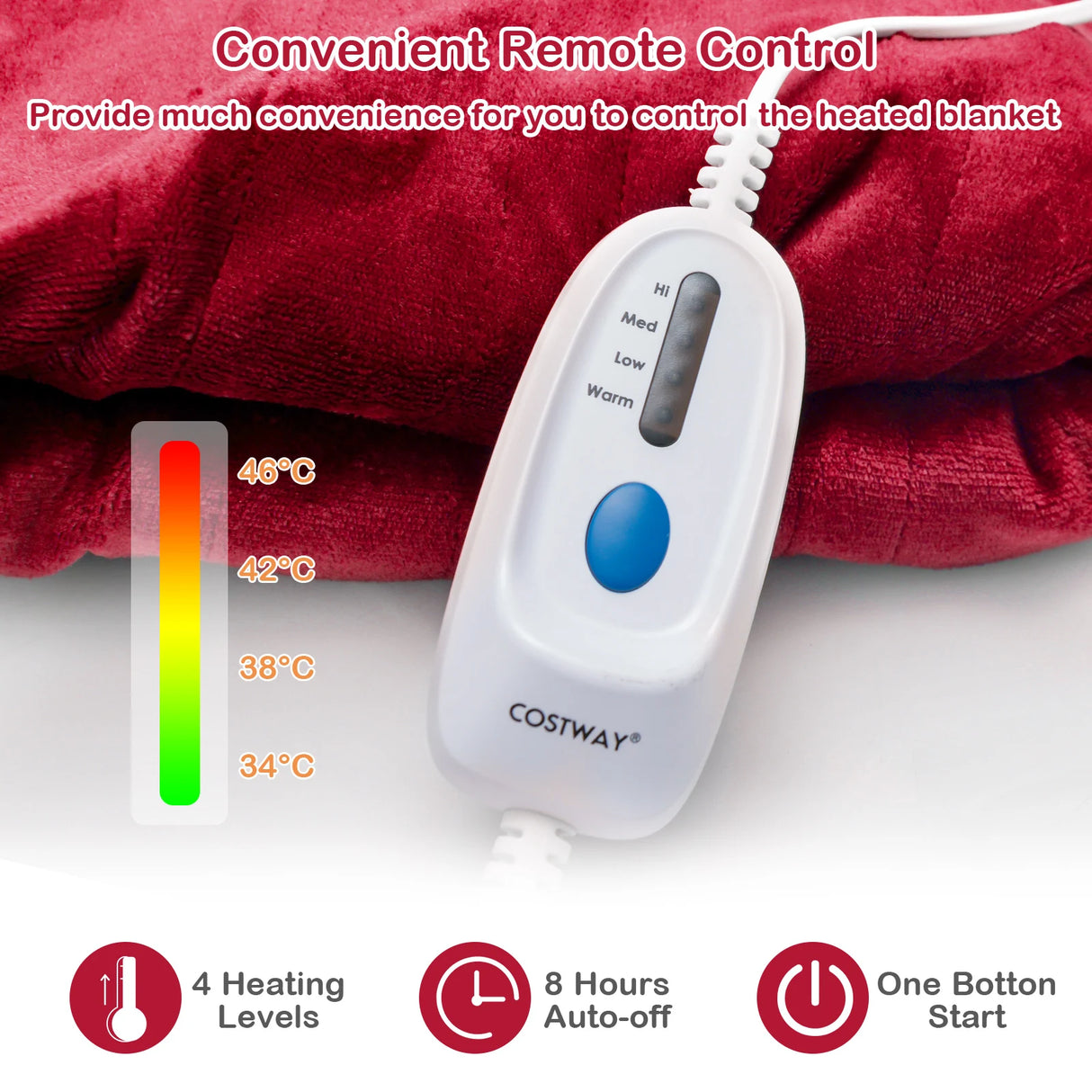 130 x 180 cm Electric Heated Blanket with 4 Heating Levels-Red
