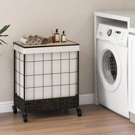 110L/130L Large Capacity Handwoven Rattan Laundry Basket with Lid and Lockable Wheels-L
