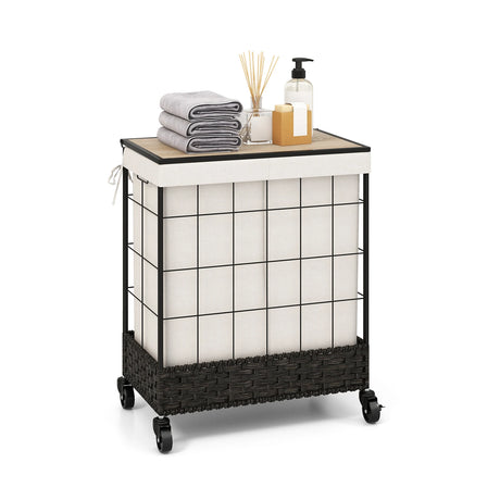 110L/130L Large Capacity Handwoven Rattan Laundry Basket with Lid and Lockable Wheels-L