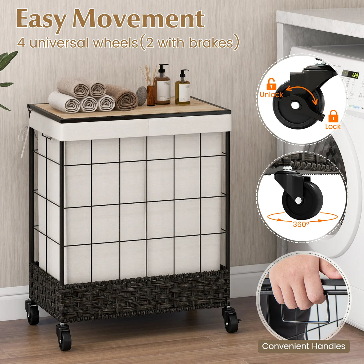 110L/130L Large Capacity Handwoven Rattan Laundry Basket with Lid and Lockable Wheels-L