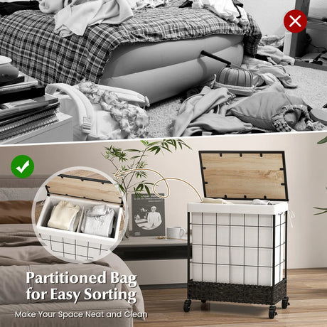 110L/130L Large Capacity Handwoven Rattan Laundry Basket with Lid and Lockable Wheels-L
