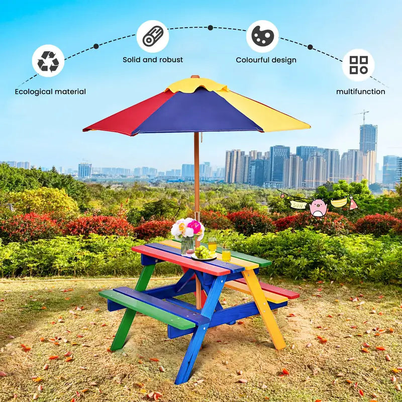 Kids Solid Wood Picnic Table Set with Umbrella