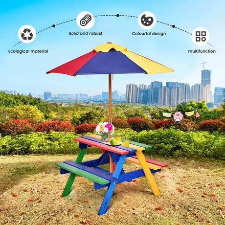 Kids Solid Wood Picnic Table Set with Umbrella