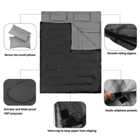 2 Person Waterproof Sleeping Bag with 2 Pillows-Black