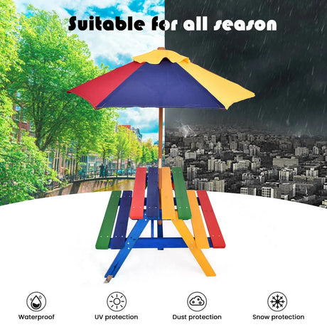 Kids Solid Wood Picnic Table Set with Umbrella