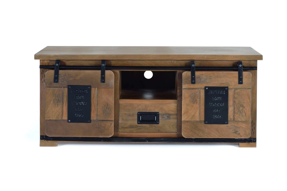 Giner and Colomer - Industrial Mango Wood TV Cabinet With 2 Sliding Doors & 1 Drawer