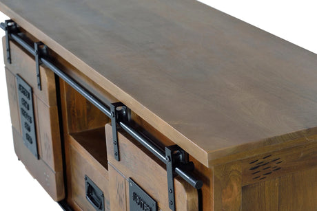 Giner and Colomer - Industrial Mango Wood TV Cabinet With 2 Sliding Doors & 1 Drawer