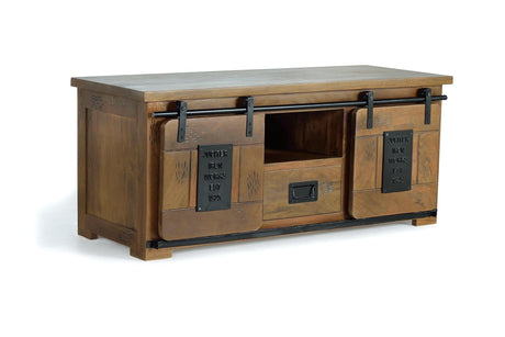 Giner and Colomer - Industrial Mango Wood TV Cabinet With 2 Sliding Doors & 1 Drawer