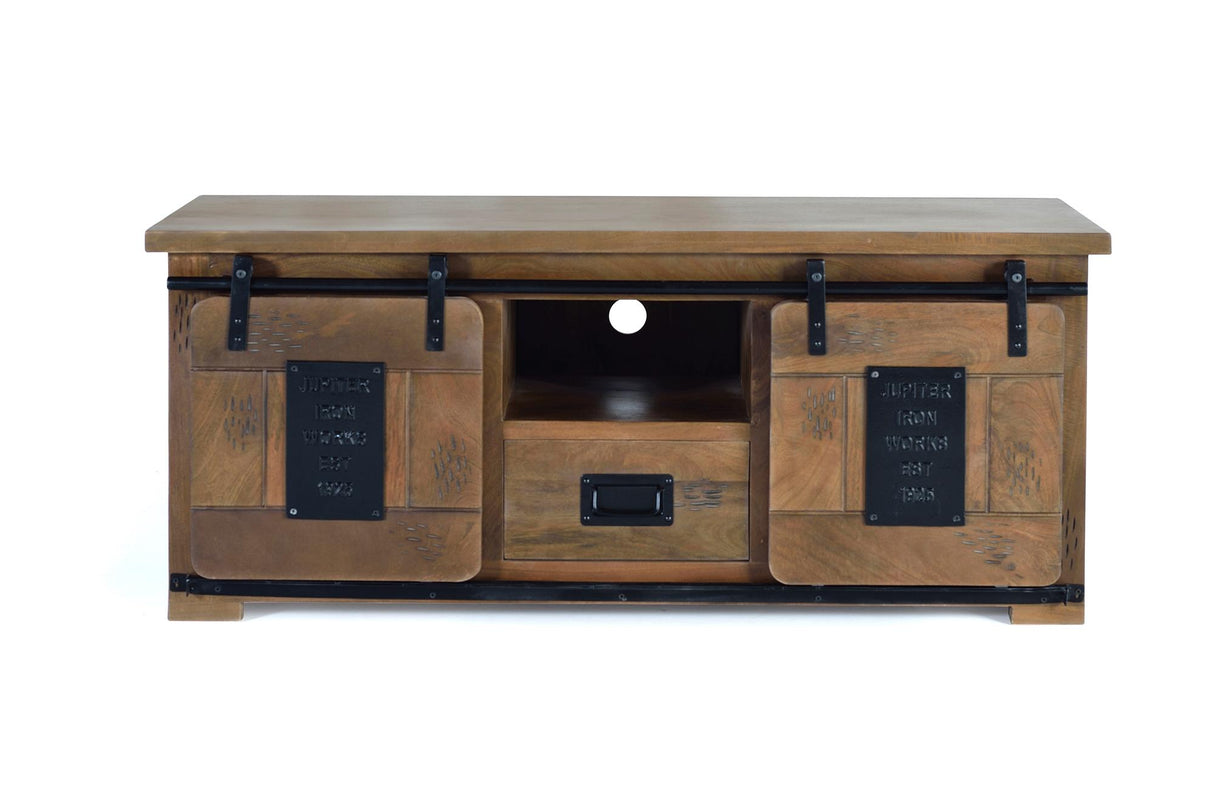 Giner and Colomer - Industrial Mango Wood TV Cabinet With 2 Sliding Doors & 1 Drawer