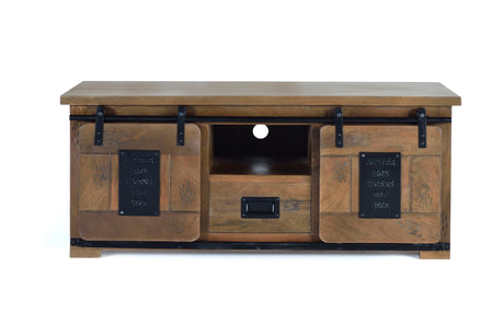 Giner and Colomer - Industrial Mango Wood TV Cabinet With 2 Sliding Doors & 1 Drawer