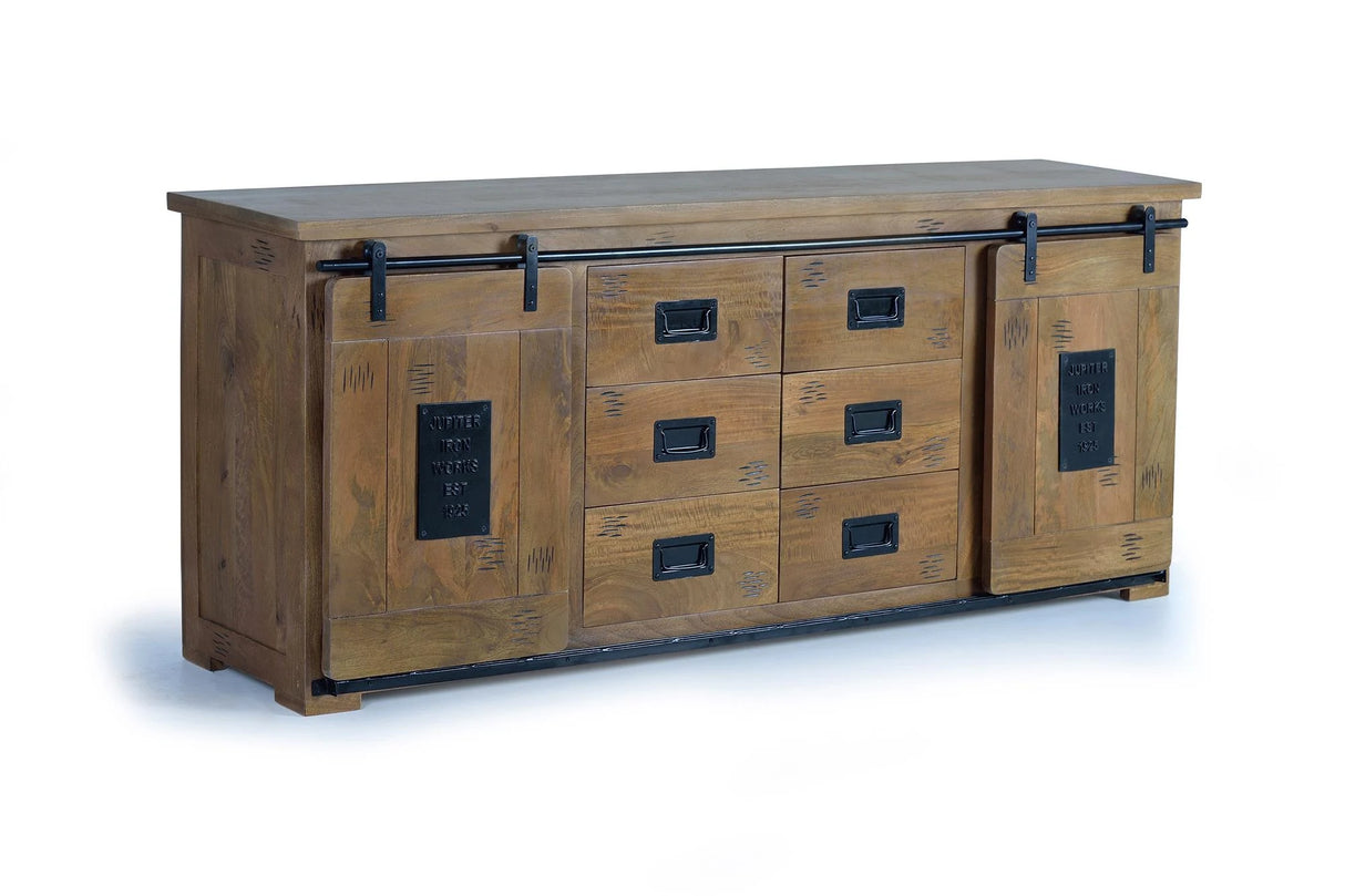 Giner and Colomer - Industrial Mango Wood Sideboard With 2 Sliding Doors & 6 Drawers