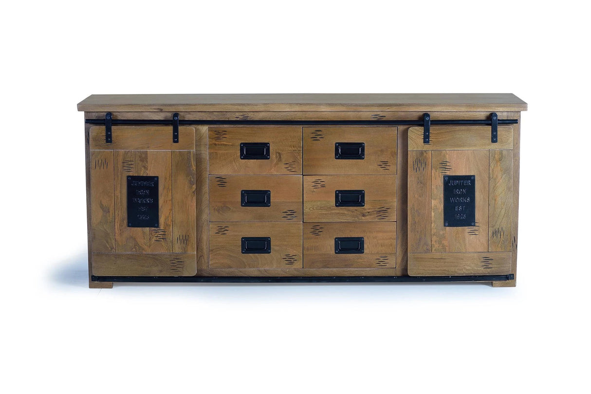 Giner and Colomer - Industrial Mango Wood Sideboard With 2 Sliding Doors & 6 Drawers