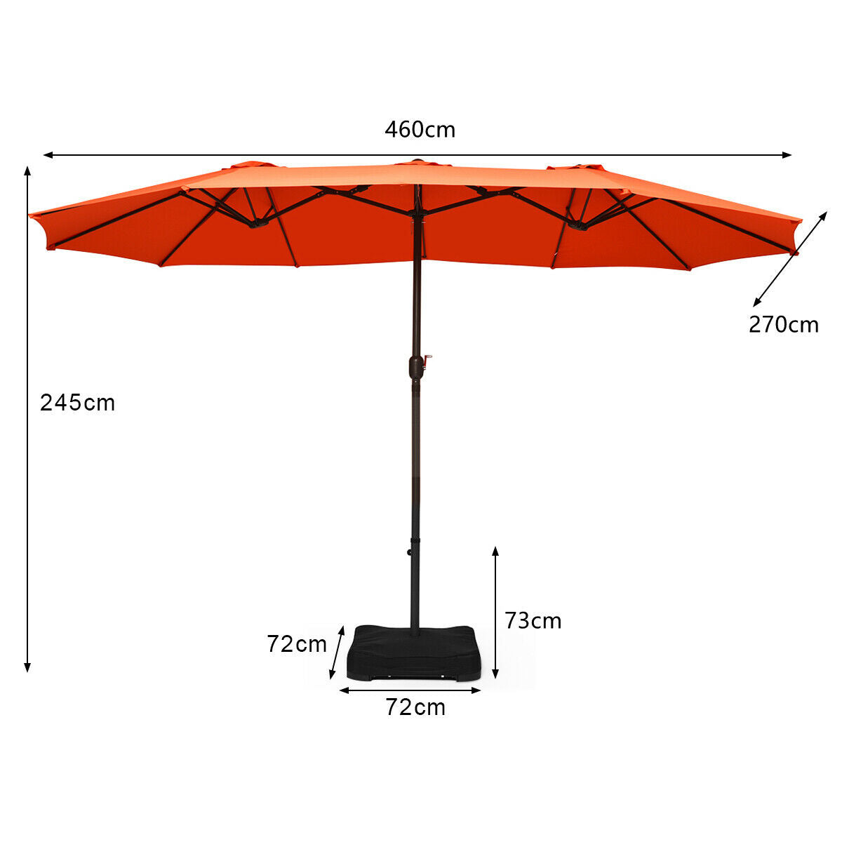 15 Foot Extra Large Patio Double Sided Umbrella with Crank and Base-Orange