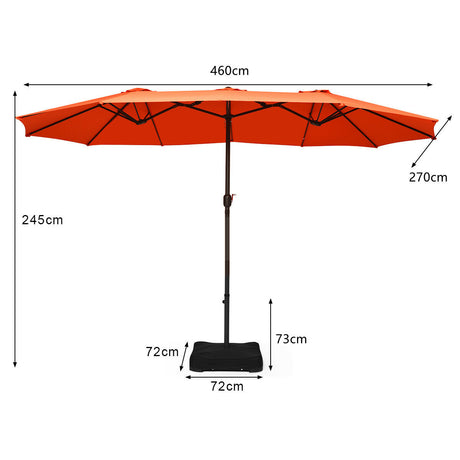 15 Foot Extra Large Patio Double Sided Umbrella with Crank and Base-Orange