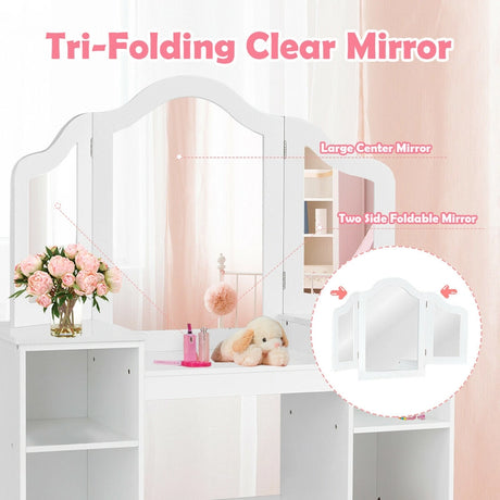 Kids Tri Folding Mirror Makeup Dressing Vanity Table Set-White