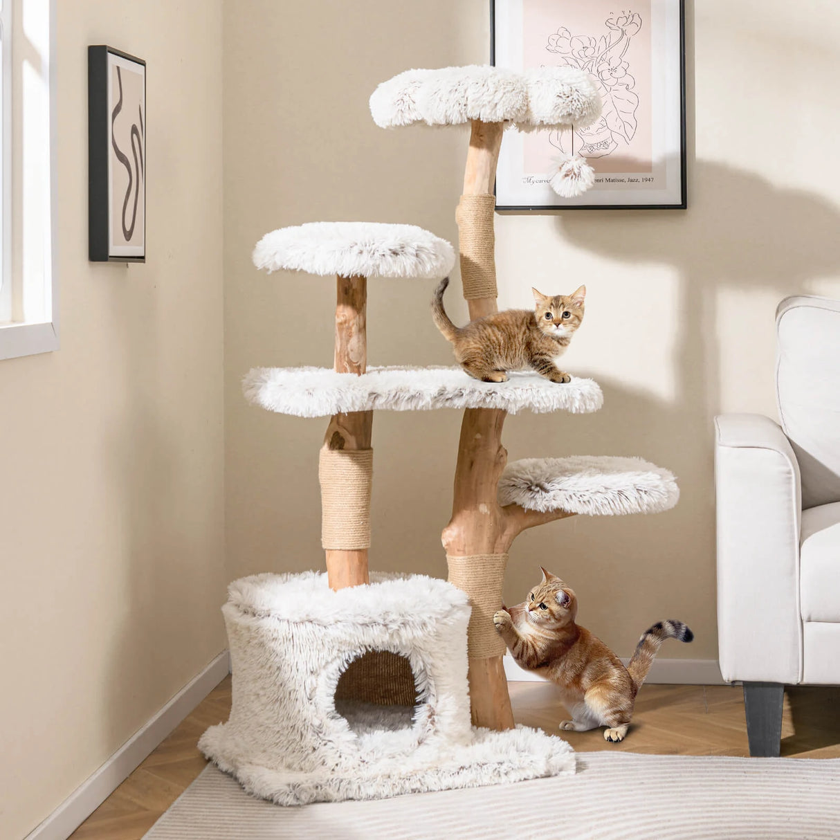 135cm Cat Tree Wooden Cat Tree with Cat Cave Plush Seat Platform &amp; Ball White