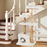 135cm Cat Tree Wooden Cat Tree with Cat Cave Plush Seat Platform &amp; Ball White