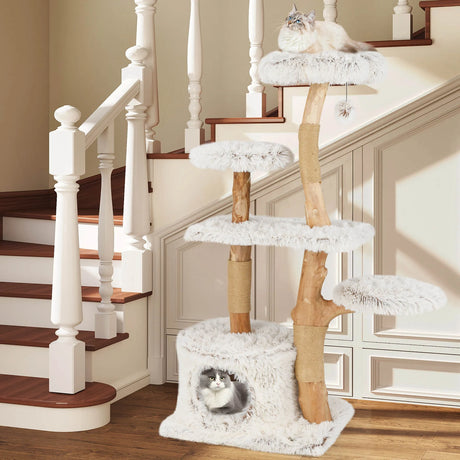 135cm Cat Tree Wooden Cat Tree with Cat Cave Plush Seat Platform &amp; Ball White