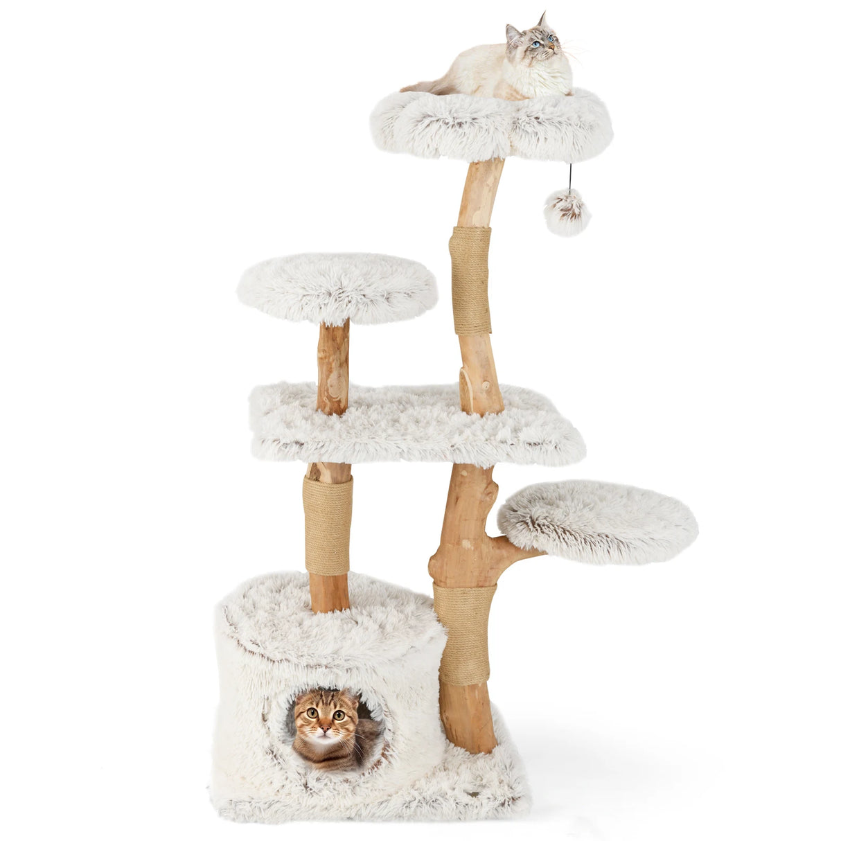 135cm Cat Tree Wooden Cat Tree with Cat Cave Plush Seat Platform &amp; Ball White