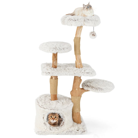 135cm Cat Tree Wooden Cat Tree with Cat Cave Plush Seat Platform &amp; Ball White