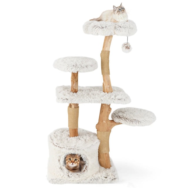 135cm Cat Tree Wooden Cat Tree with Cat Cave Plush Seat Platform &amp; Ball White