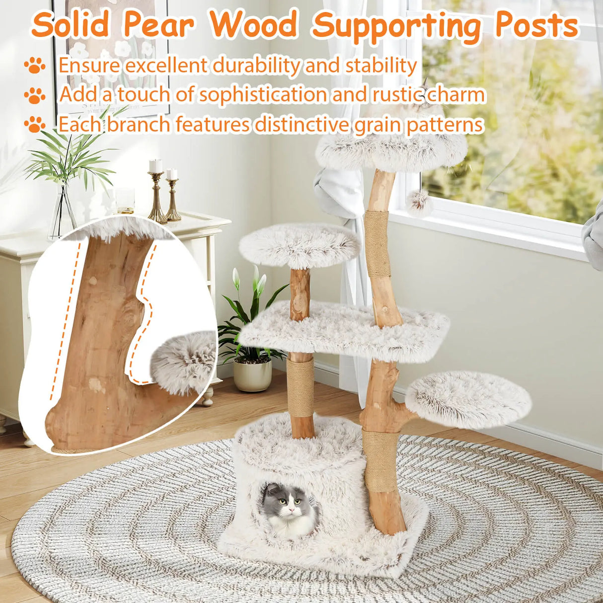 135cm Cat Tree Wooden Cat Tree with Cat Cave Plush Seat Platform &amp; Ball White