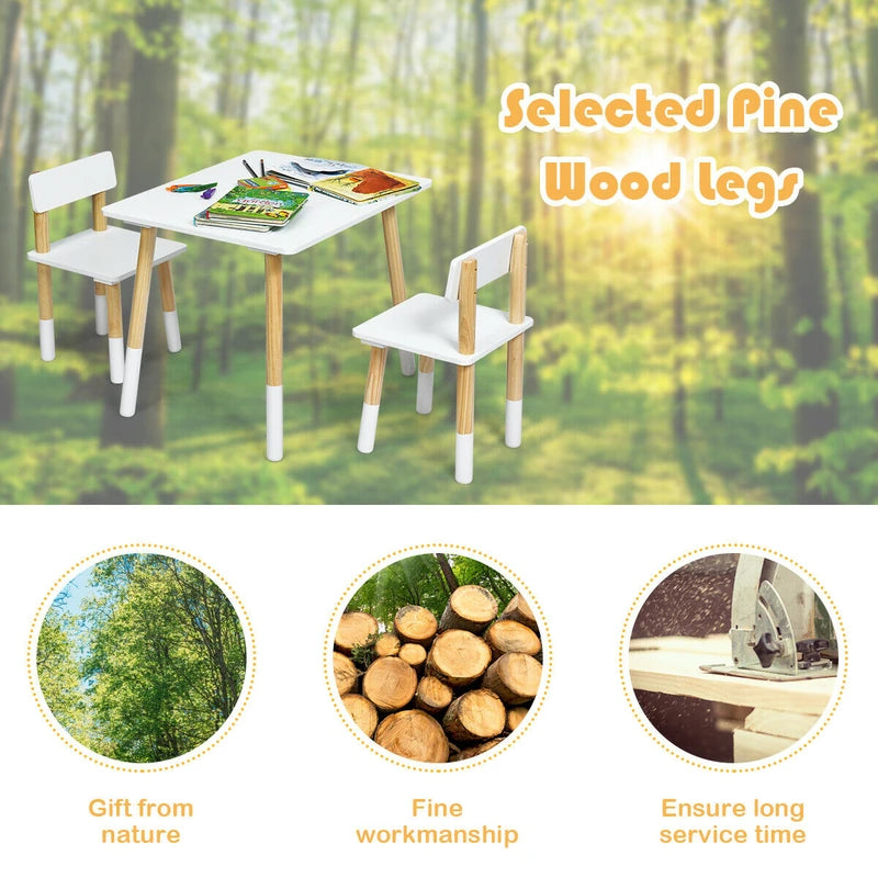 Kids Table and 2 Chairs Set with Pine Wood Legs for Playing & Learning & Eating