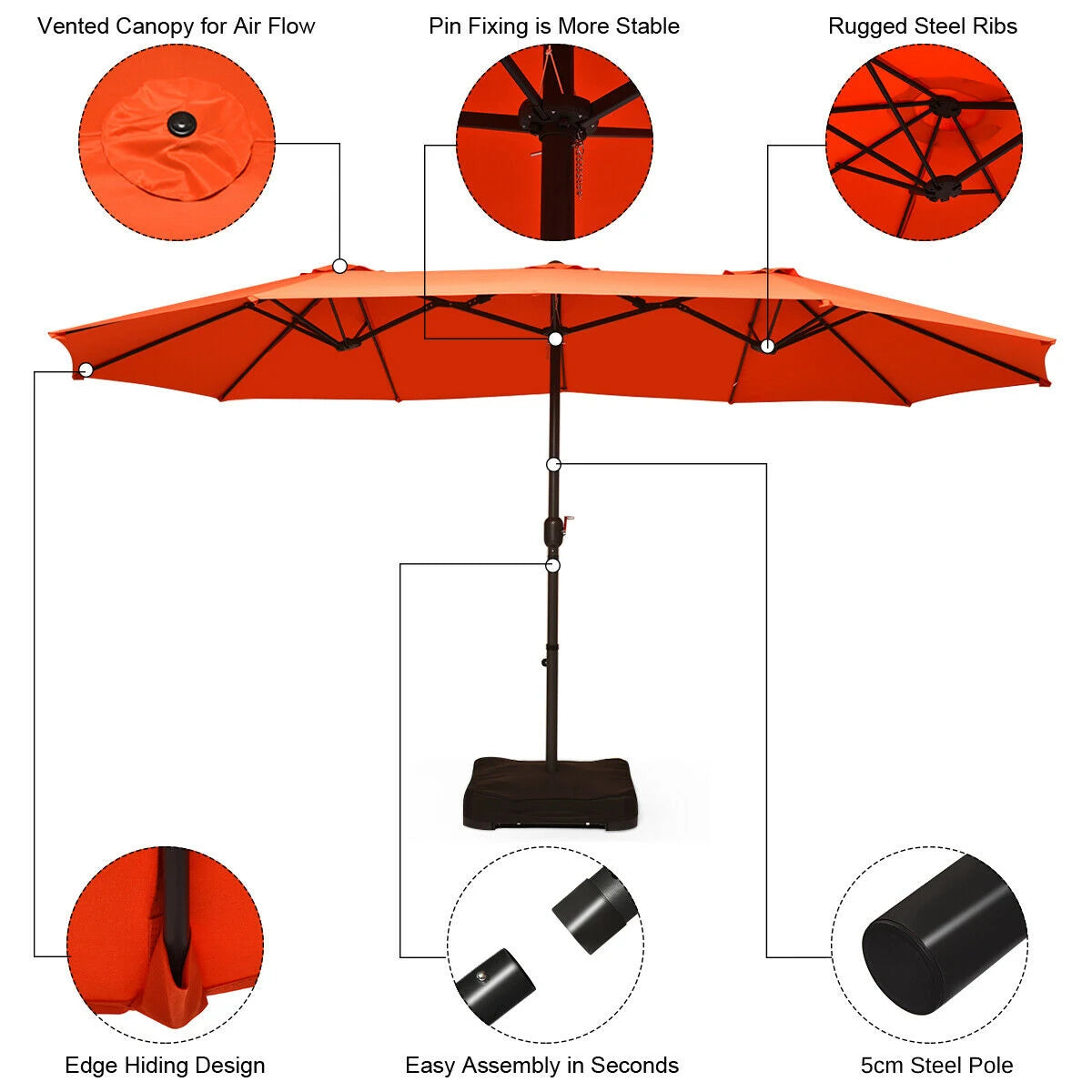 15 Foot Extra Large Patio Double Sided Umbrella with Crank and Base-Orange