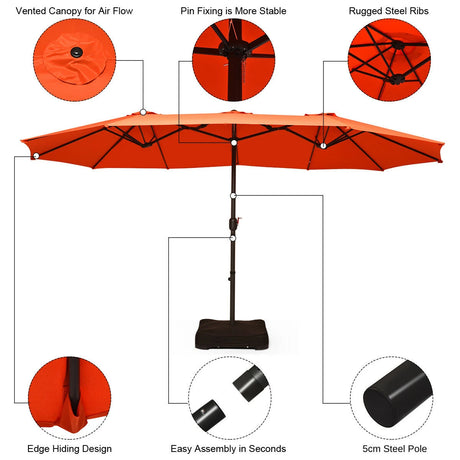 15 Foot Extra Large Patio Double Sided Umbrella with Crank and Base-Orange