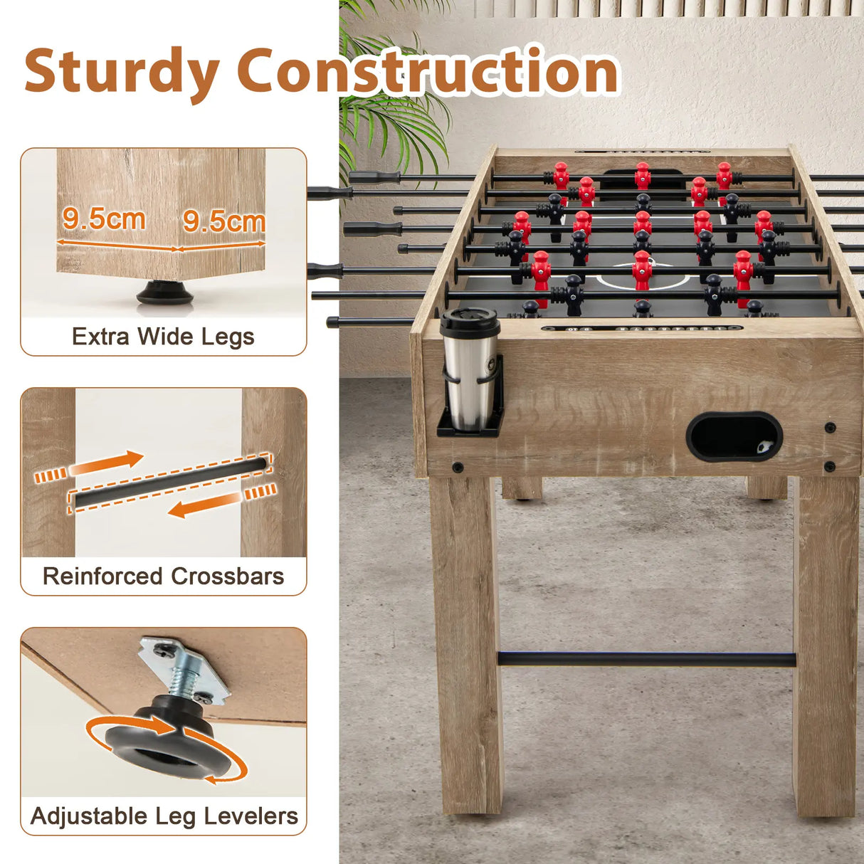 137 cm Full Size Foosball Table with 2 Balls and 2 Foldable Cup Holders-Natural