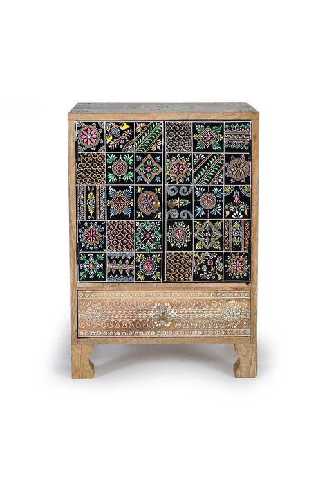 Giner and Colomer - Mango Wood Telephone Cabinet With 1 Drawer, 2 Doors & Hand-Painted Details