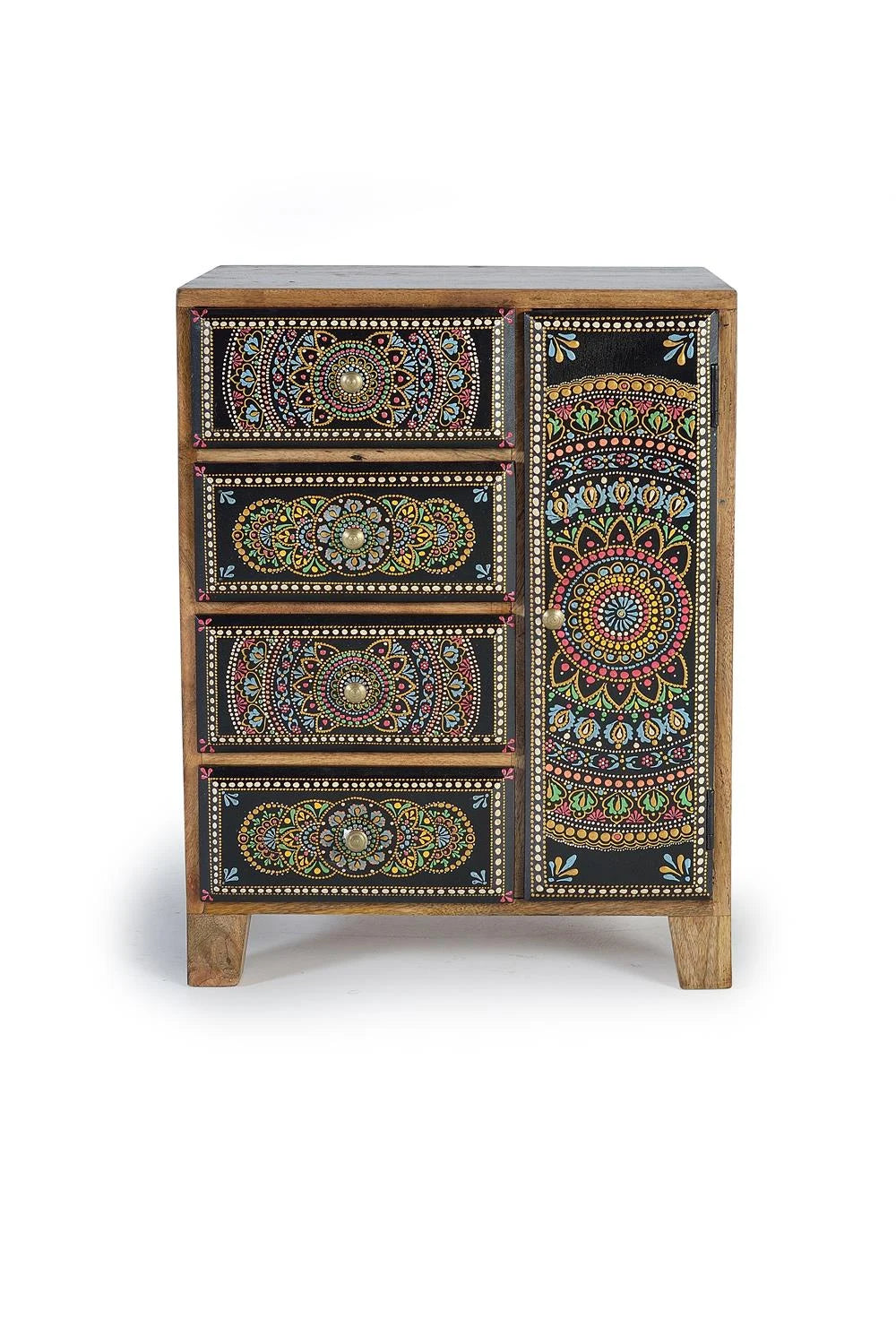 Giner and Colomer - Mango Wood Telephone Cabinet With 4 Drawers, 1 Door & Hand-Painted Details