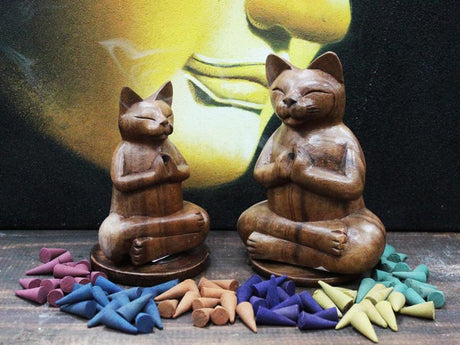 Wooden Carved Incense Burners - Lrg Yoga Cat