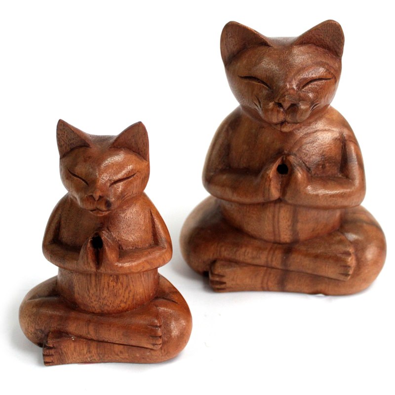 Wooden Carved Incense Burners - Lrg Yoga Cat