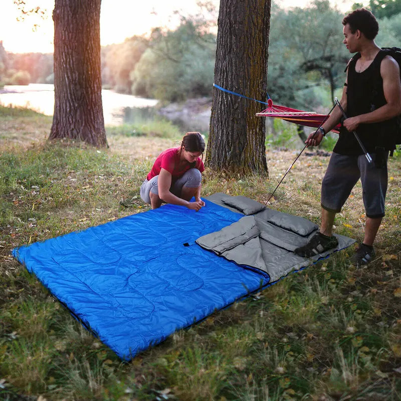 2 Person Waterproof Sleeping Bag with 2 Pillows-Blue