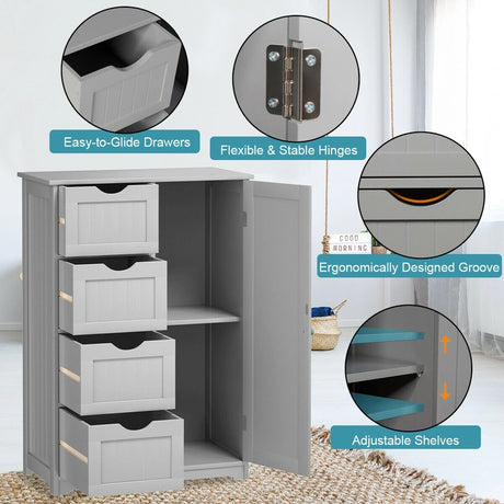 Bathroom cabinet with 4 drawers &amp; 1 magnetic door lock bathroom cabinet gray