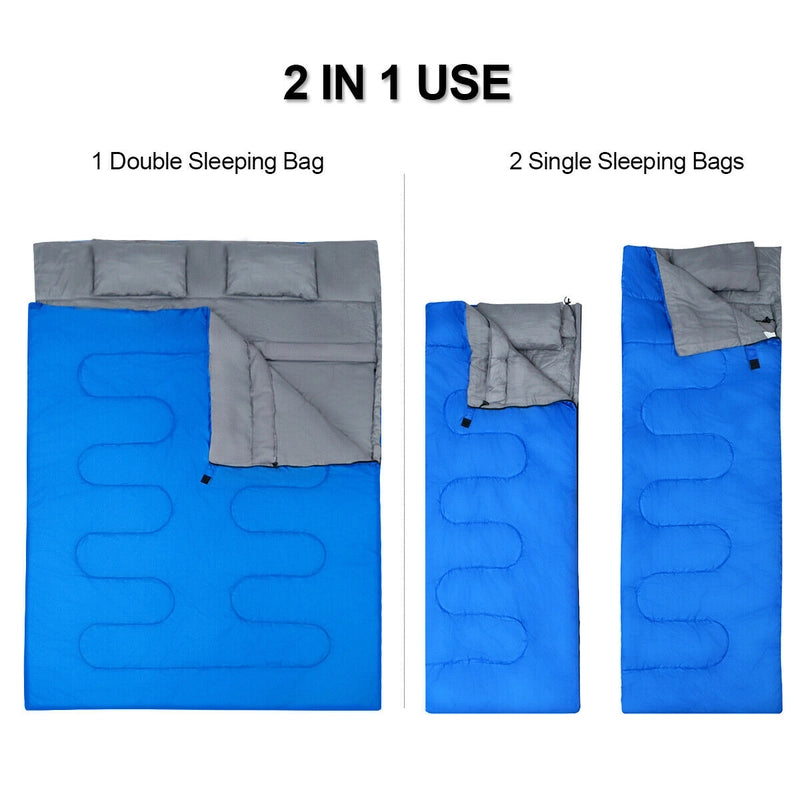 2 Person Waterproof Sleeping Bag with 2 Pillows-Blue