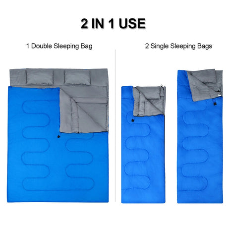 2 Person Waterproof Sleeping Bag with 2 Pillows-Blue