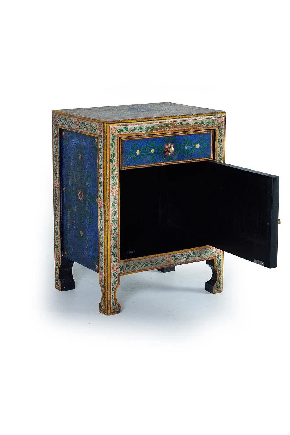 Giner and Colomer - 1-Door, 1-Drawer Mango Wood Side Table With Hand-Painted Details