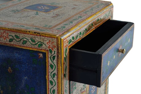 Giner and Colomer - 1-Door, 1-Drawer Mango Wood Side Table With Hand-Painted Details