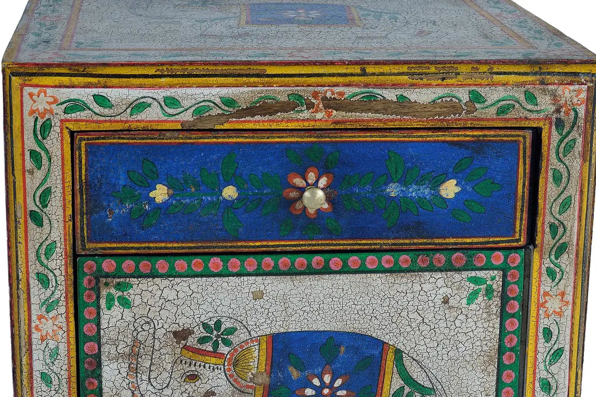 Giner and Colomer - 1-Door, 1-Drawer Mango Wood Side Table With Hand-Painted Details