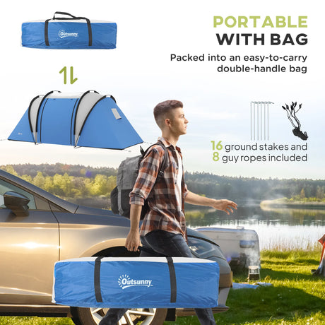 Outsunny Two-Man Tent, with Bedrooms, Living Room and Canopy - Blue