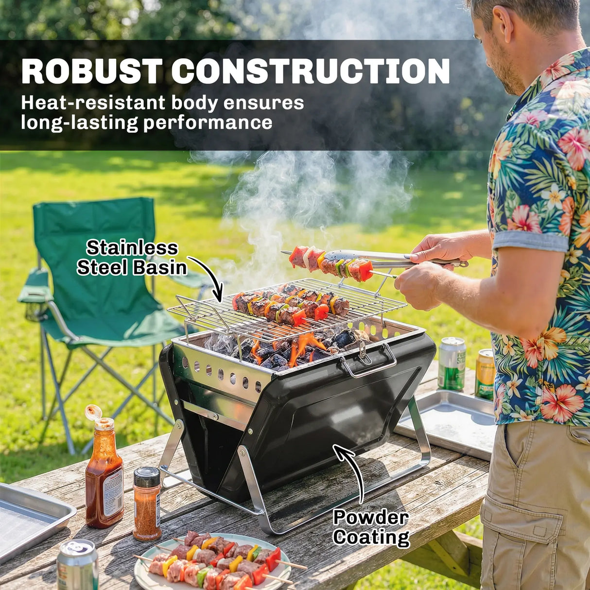 Outsunny Charcoal BBQ Grill Portable Stainless Steel Barbecue with Tilting Grate for Camping Picnic Garden Black