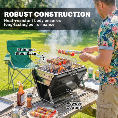 Outsunny Charcoal BBQ Grill Portable Stainless Steel Barbecue with Tilting Grate for Camping Picnic Garden Black
