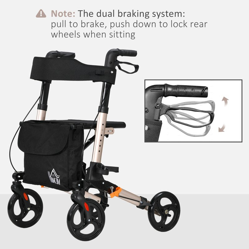 HOMCOM 4 Wheel Rollator with Seat and Back, Folding Mobility Walker with Carry Bag, Adjustable Height, Dual Brakes, Cane Holder, Lightweight Aluminium Walking Frame for Seniors and Disabled, Gold Tone